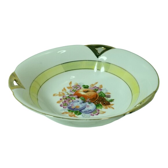 Vintage White Gold 9" Serving Bowl Fruit Design Yellow Plum Flowers Decorative - Picture 2 of 5